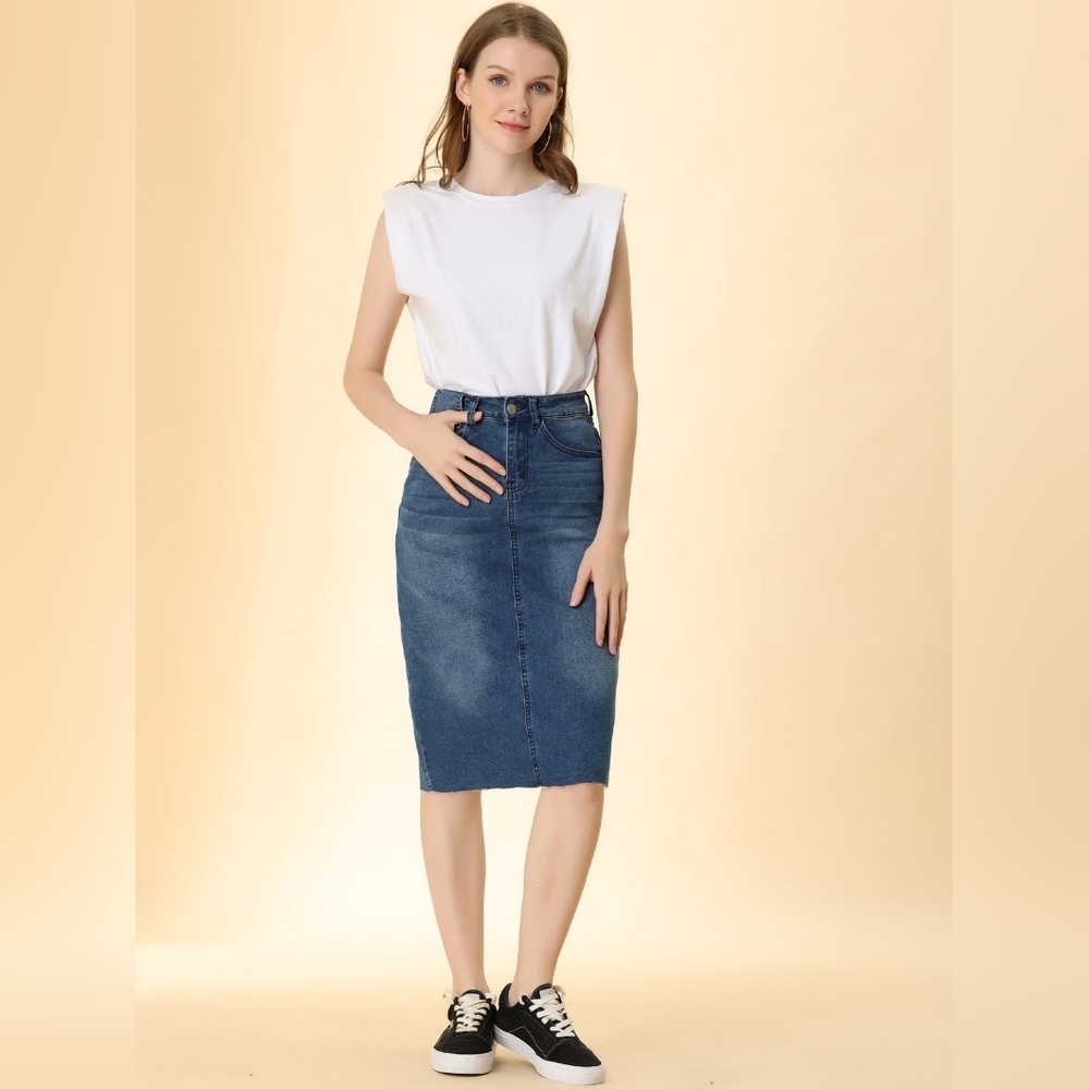 NWT Allegra K High Waist Back Slit Stretch Denim Midi Skirt Raw Hem Size Medium